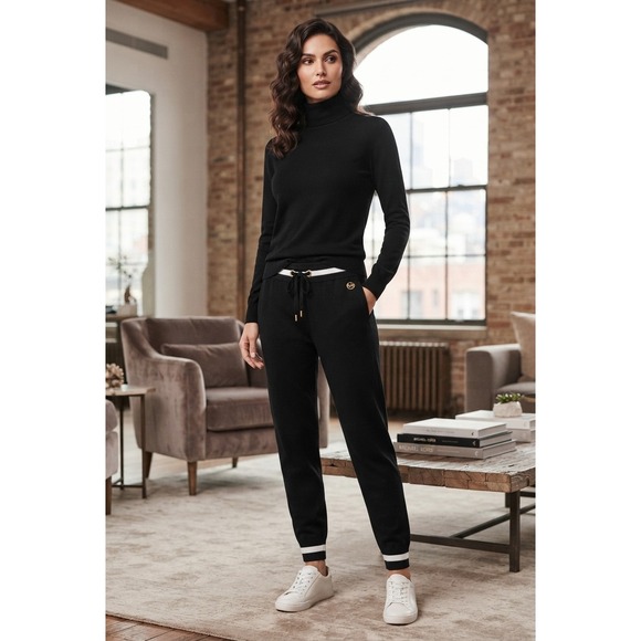 MICHAEL Michael Kors Pants - Michael Michael Kors Black Knit Jogger Pants White Stripe QH93BJJ04A Medium